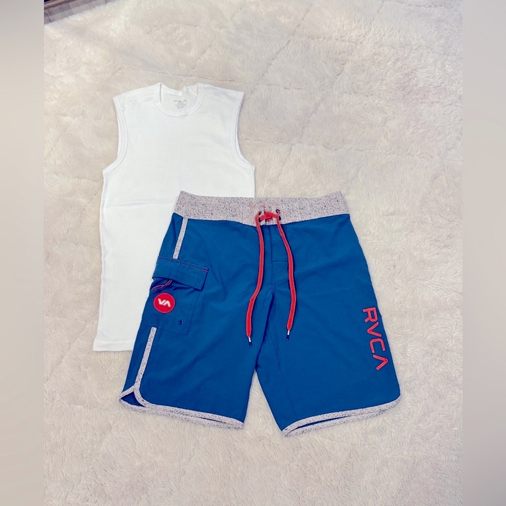 RVCA Blue Board Shorts with White Tank Top